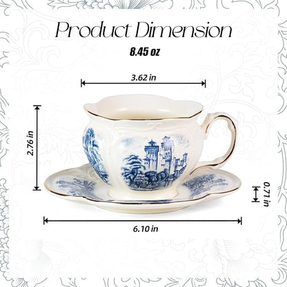 KAMMAK Tea Cups and Saucers Set of 2, 8 oz Porcelain Coffee Cups, SY001 | - Image 2