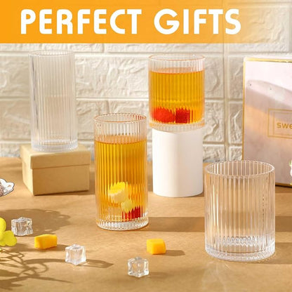 Zhehao 12 Pcs Ribbed Drinking Glasses Set 12 oz 14 oz Glass Cups Vintage - Image 5