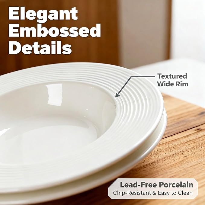 Soup bowl rim Plate Set of 4, 9.1 inch Ceramic Rimmed Pasta Plates, - Image 6