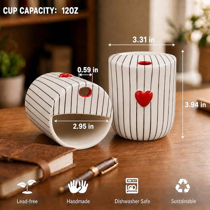 Ceramic Coffee Mug with Sip Hole, 12oz Striped Coffee Cup with Heart Accent - Image 5