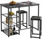 VECELO Small Bar Table and Chairs Set for 2, Upholstered Stools & Glass Storage Shelves, for Kitchen Dining Breakfast Nook, Space-Saving, Faux Marbled & Black