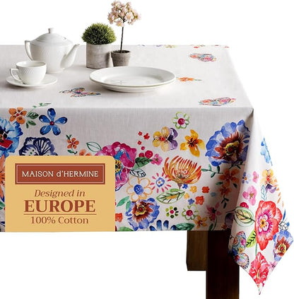 Maison d' Hermine Table Cloth Rectangle Table 100% Cotton 70 x 108 Inches Tablecloth Reusable Decorative for Dining Room Farmhouse Valentines Day Decorations Spring Summer- Happy Florals - High Summer