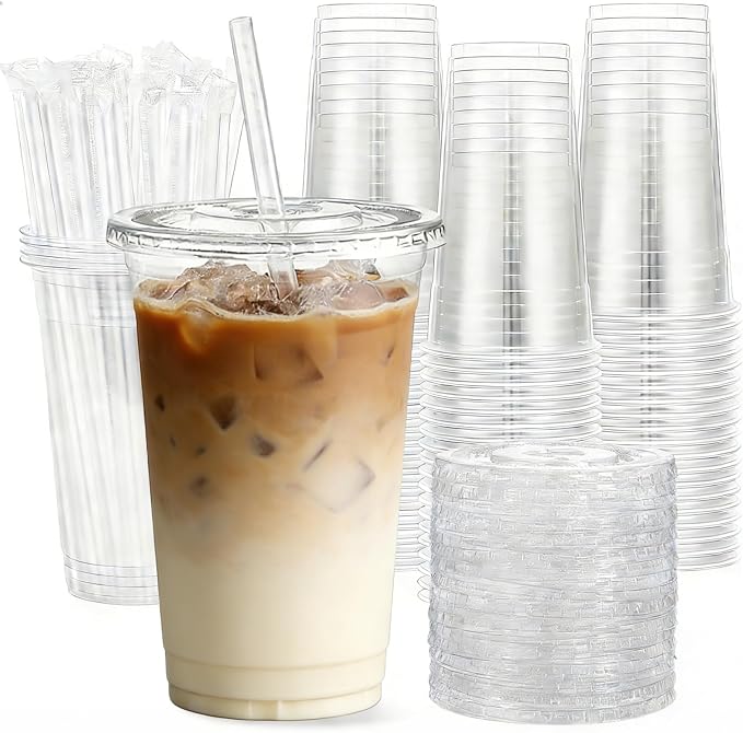 20oz Clear Plastic Cups with Lids and Straws | Leak-proof Disposable Iced by NewCupNewLife-cundao