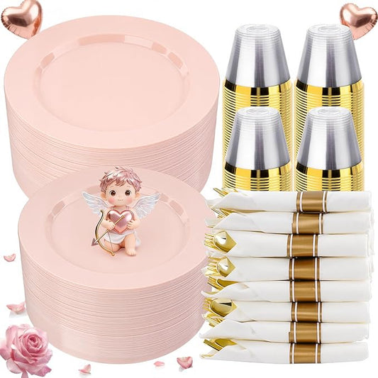 350 PCS Pink Plastic Dinnerware Set for 50 Guests, 100 Disposable Plates for Party, 50 Pre Rolled Napkins with Gold Silverware, 50 Cups for Wedding, Graduation