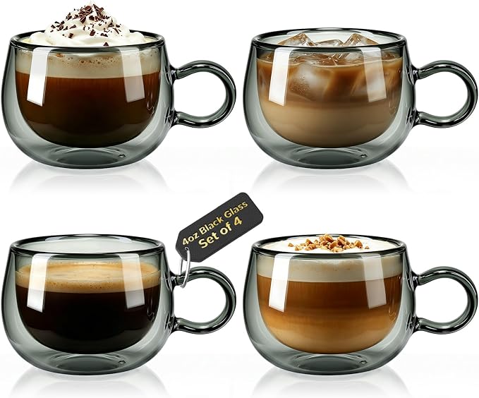 glastal Black Espresso Cup Set of 4, 4 Oz Double Wall Glasses Espresso Coffee by glastal