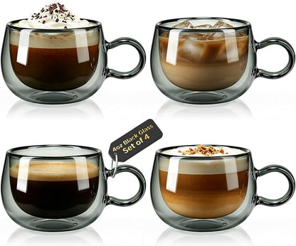 glastal Black Espresso Cup Set of 4, 4 Oz Double Wall Glasses Espresso Coffee by glastal