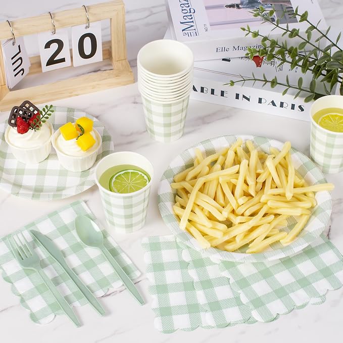 Vyntra 175 Pcs Sage Green & White Checkered Gingham Paper Plates and Napkins Set - Image 5