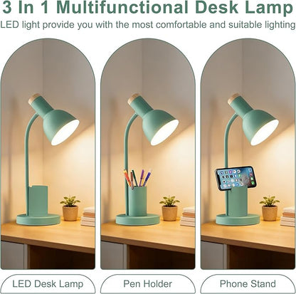 WLHONG LED Desk Lamp, Table Lamps with Pen Holder, 3 Color Modes Eye-Caring Reading Light with Flexible Gooseneck, Study Lamp for Kids Bedside Home Office Room College Dorm Essentials (Green)