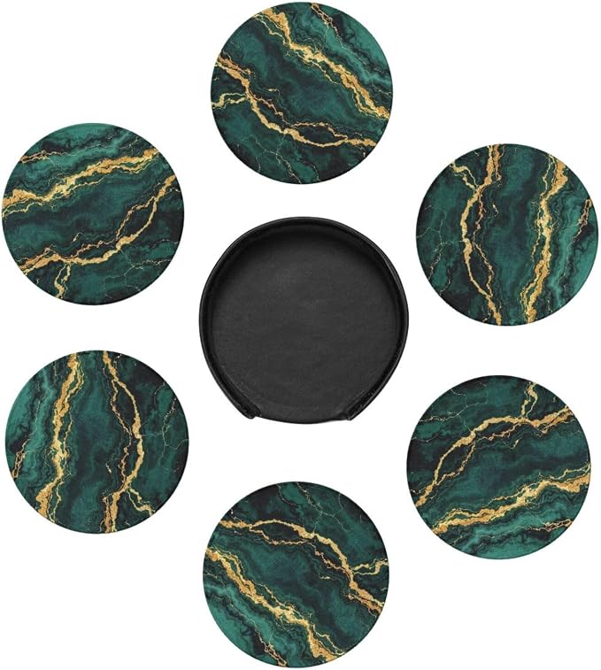 Drink Coasters with Holder Stand Set of 6, Emerald Green Gold Marble Pu Leather - Image 5