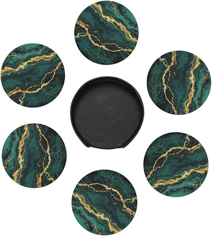Drink Coasters with Holder Stand Set of 6, Emerald Green Gold Marble Pu Leather - Image 5