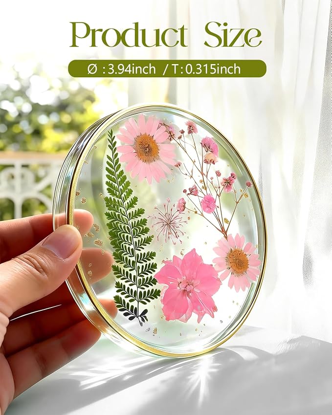 Oqplog Resin Drink Coasters for Desk Coffee Table-Cute Dried Flowers Round - Image 2