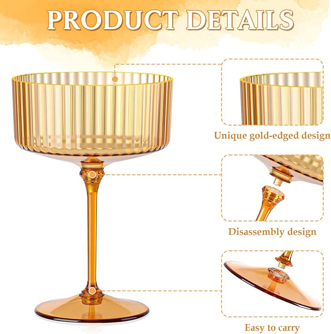 24 PCS Ribbed Coupe Glasses Amber Plastic Champagne Coupe Cup 10oz Detachable Gold Rim Espresso Martini Glass Vintage Margarita Glassware Cocktail Glass Disposable for Thanksgiving Wedding