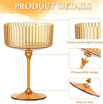 24 PCS Ribbed Coupe Glasses Amber Plastic Champagne Coupe Cup 10oz Detachable Gold Rim Espresso Martini Glass Vintage Margarita Glassware Cocktail Glass Disposable for Thanksgiving Wedding