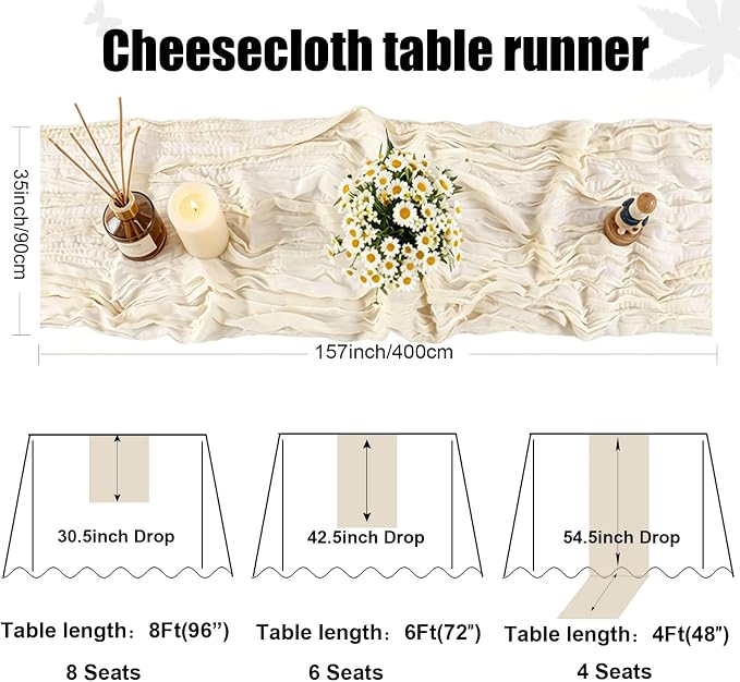 13.3FT Beige Cheesecloth Table Runner Easter Spring Boho Gauze Table Runner - Image 2