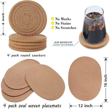 4 Pack Oval Woven Placemats and Set of 4 Round Fabric Coasters, Cotton Braided Tablemat Set, Heat-Resistant Pot Holders, 11.5 * 15.8'' Washable Plate Chargers for Christmas Table Decoration