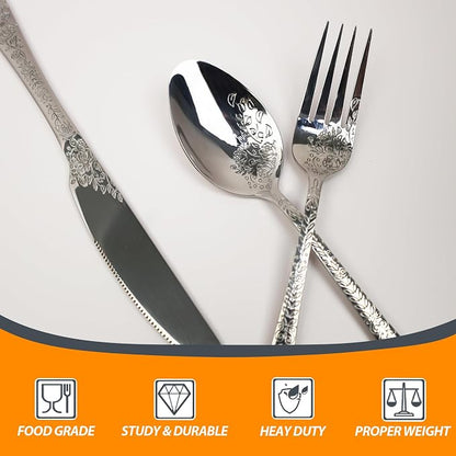 Runfly Modern Carved Floral Silver Stainless Steel 20-Piece Flatware Set | - Image 4