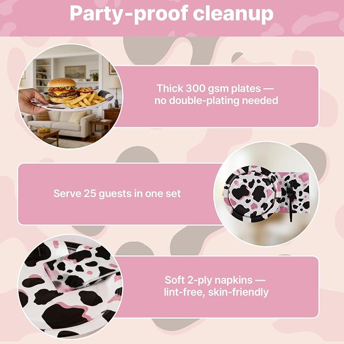 100 Pcs Disposable Pink Cow Print Tableware Set - Image 7