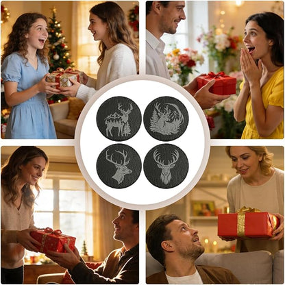 4Pcs Slate Coasters with Deer Pattern, Round 3.94 inch Cup Mats - Image 5