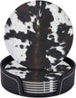 Cow Print Coasters for Drinks with Holder Round Leather Coasters Set of 6 Cups Mugs Mat Pad for Home Kitchen Bar
