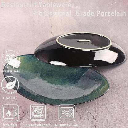 Ceramic Serving Platters Set of 2, 16 Inch Curved Oval Salad Plates for Entertaining, Modern Kitchen Dishes, Trays for Dinner, Fruit, Salad, Pasta, burgers - Dishwasher Microwave Safe