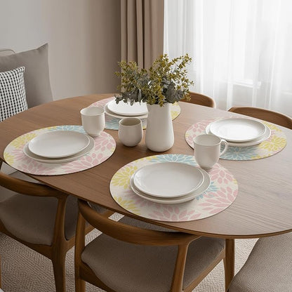 Artoid Mode Pink Dahlia Plastic Round Placemats Set of 4, 14 Inch Seasonal Washable Woven Vinyl Table Mats for Farmhouse Party Kitchen Dining Decor