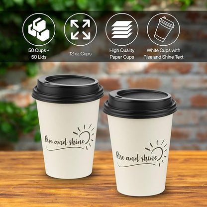 Disposable Coffee Cups with Lids, To Go Paper Hot Cups, Rise and Shine Design - Image 3