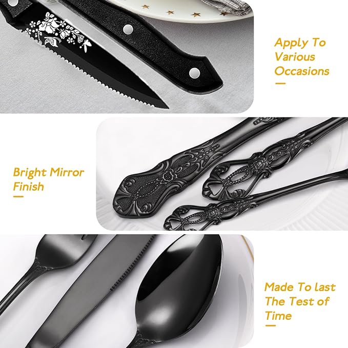 48 Pcs Gorgeous Retro Royal Black Silverware Set - Image 4