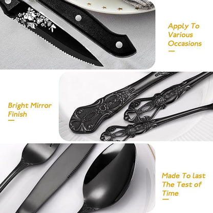 48 Pcs Gorgeous Retro Royal Black Silverware Set - Image 4