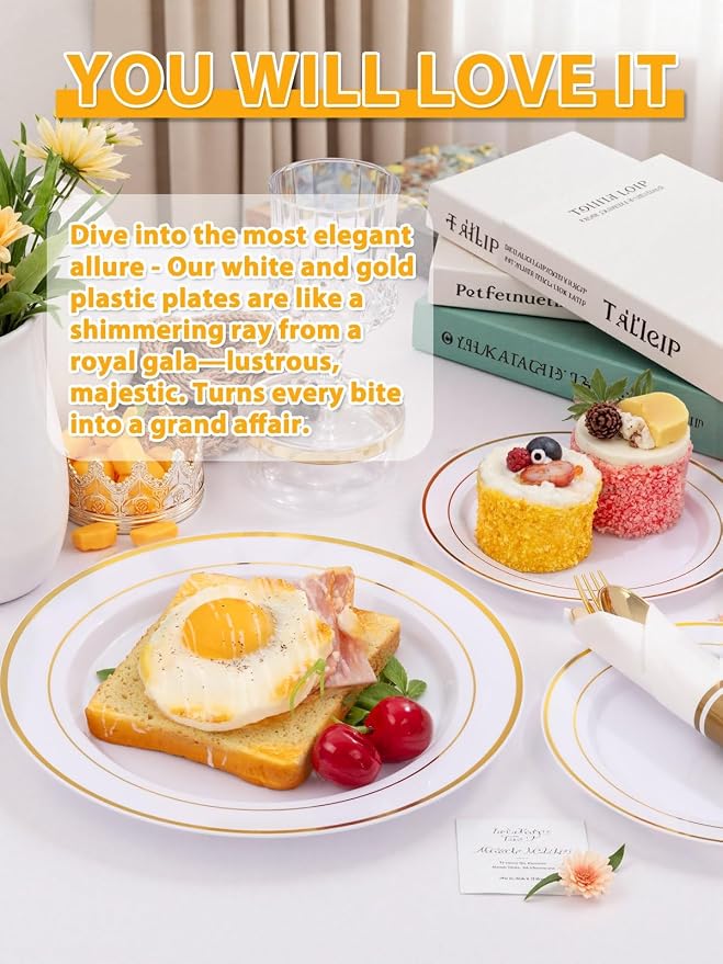 175PCS White and Gold Plastic Plates - Image 4