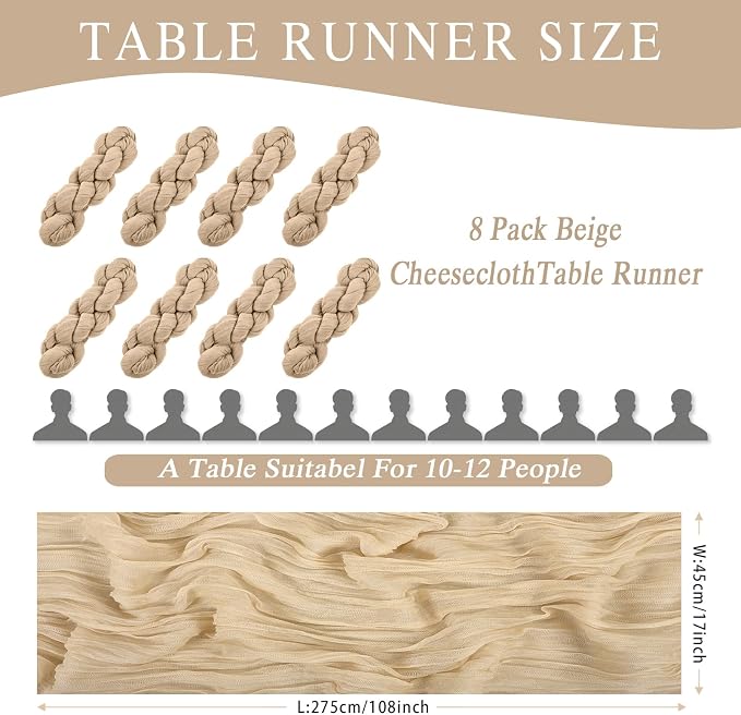 8 Pack Beige Cheesecloth Table Runner 17x108 inch Boho Gauze Cheese Cloth Table - Image 2