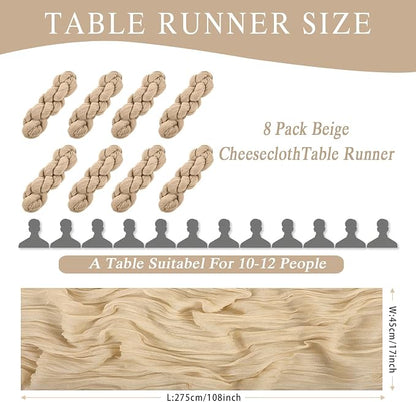 8 Pack Beige Cheesecloth Table Runner 17x108 inch Boho Gauze Cheese Cloth Table - Image 2