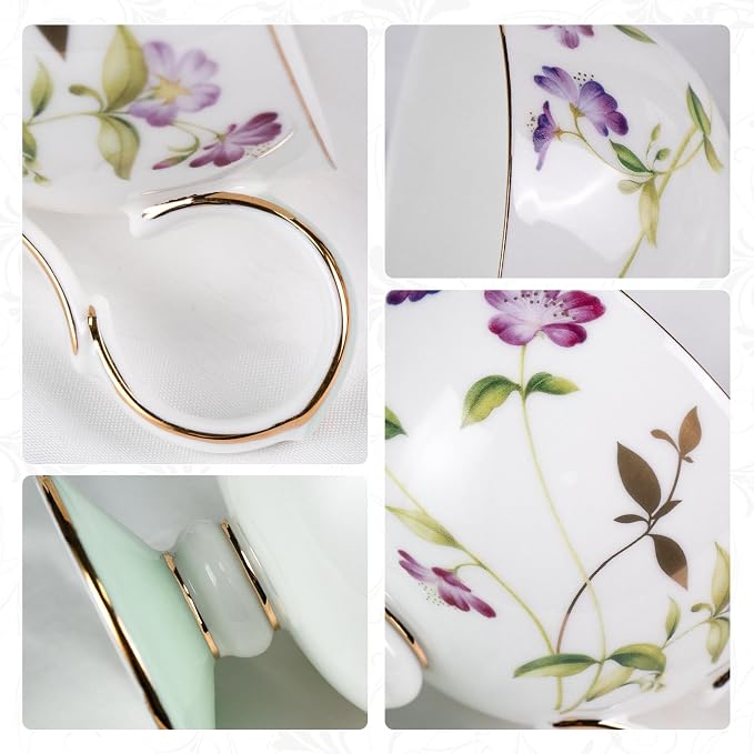 KAMMAK Tea Cups Set of 2, Ceramic Floral Pattern Demitasse Cup | Porcelain - Image 3