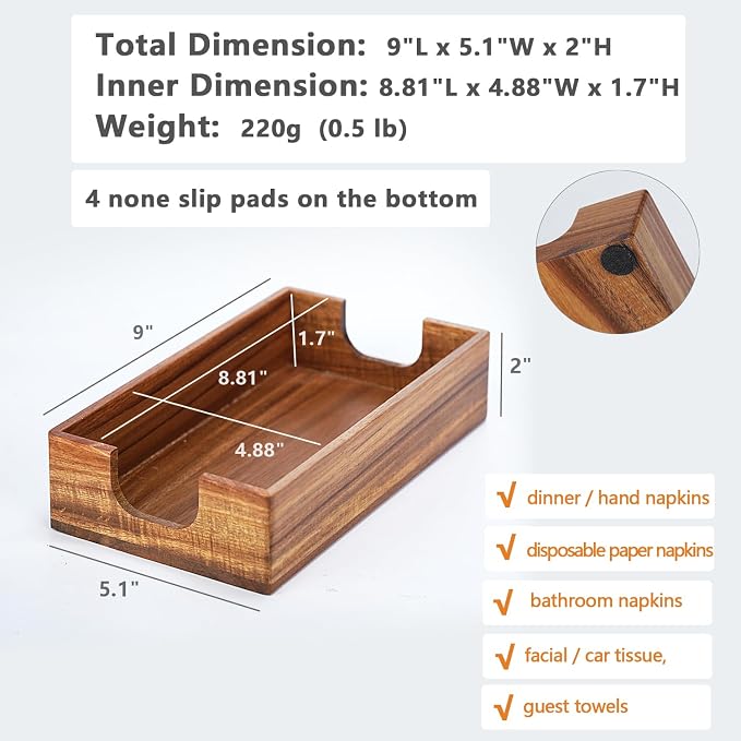 Napkin Holder for Bathroom, Acacia Guest Towel Holder, 4 Non Slip Pads - Image 6