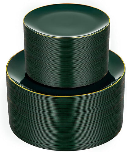 bUCLA 100PCS Green Plastic Plates - Heavy Duty Green Disposable with Gold Rim Include 50 Dinner 10 inch & 50 Dessert 7 inch Plates, Ideal for Party & Christmas