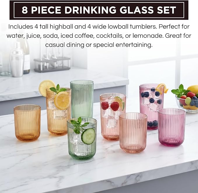 Set of 8 Dopamine Colored Ribbed Glassware, 4 Highball Glasses 14oz & 4 Rocks - Image 4