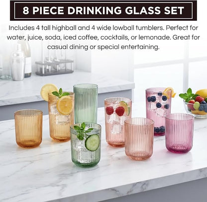 Set of 8 Dopamine Colored Ribbed Glassware, 4 Highball Glasses 14oz & 4 Rocks - Image 4