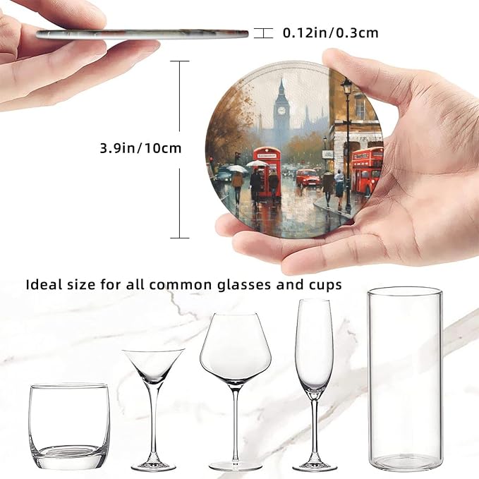 6Pcs PU Leather Coaster for Drinks, London Impression Cup Coasters - Image 2