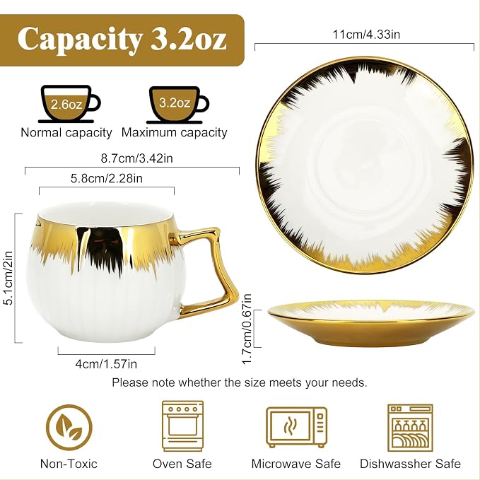 3.5 OZ Espresso Cups with Saucers, Ceramic Coffee Cup Set of 6, Turkish Coffee - Image 2