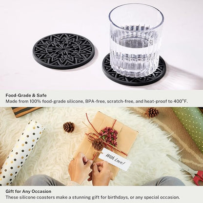 Set of 6 Black Silicone Coasters with Holder, Drink Coasters with Tribal Pattern Shape- for Table Protection, Anti Slip, Nonstick, Heat Resistant, Deep Tray