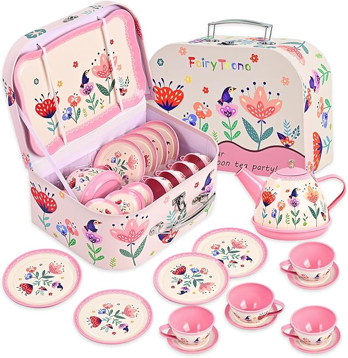 Tea Party Set for Little Girls, Pretend Tin Teapot Set by FairyToona