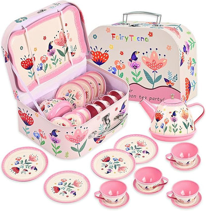 Tea Party Set for Little Girls, Pretend Tin Teapot Set by FairyToona