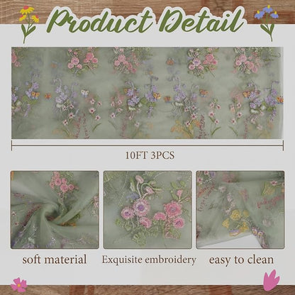 Sage Green Floral Table Runner 10ft Embroidery Tulle Spring Wildflower Table - Image 2