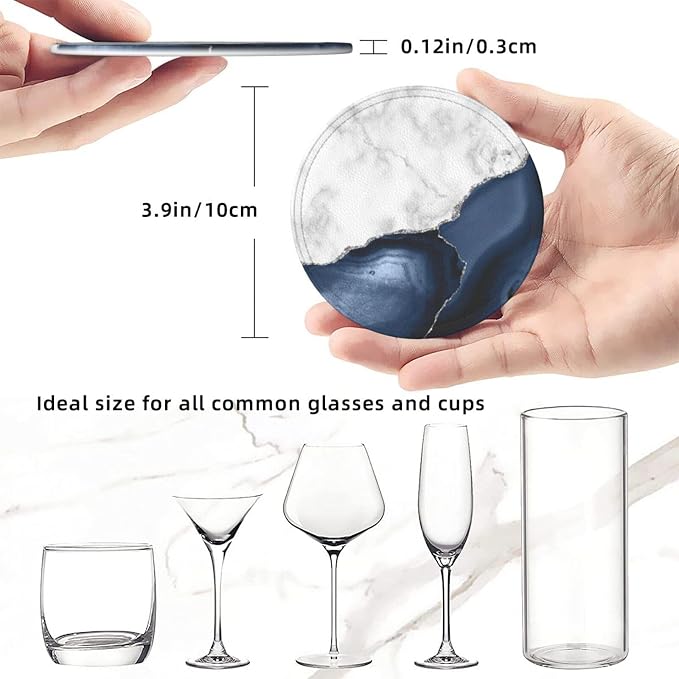 6 Pcs White Navy Blue Silver Marble Leather Coasters - Image 8