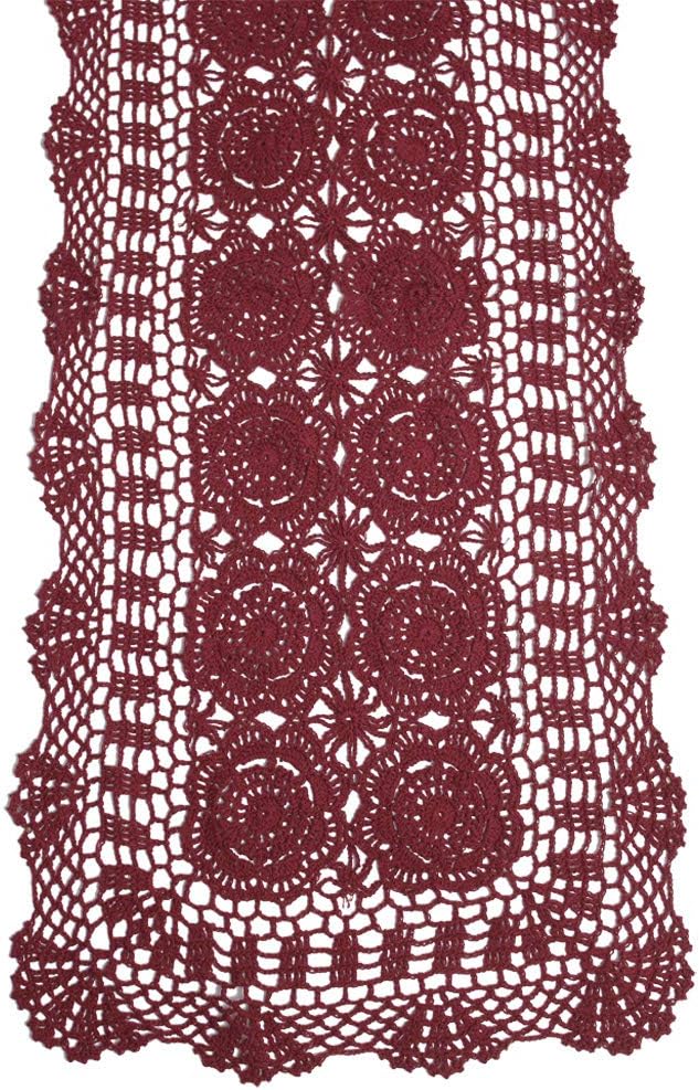 Cotton Handmade Crochet Lace Table Runner Wine Red Rectangle Coffee Table by KEPSWET