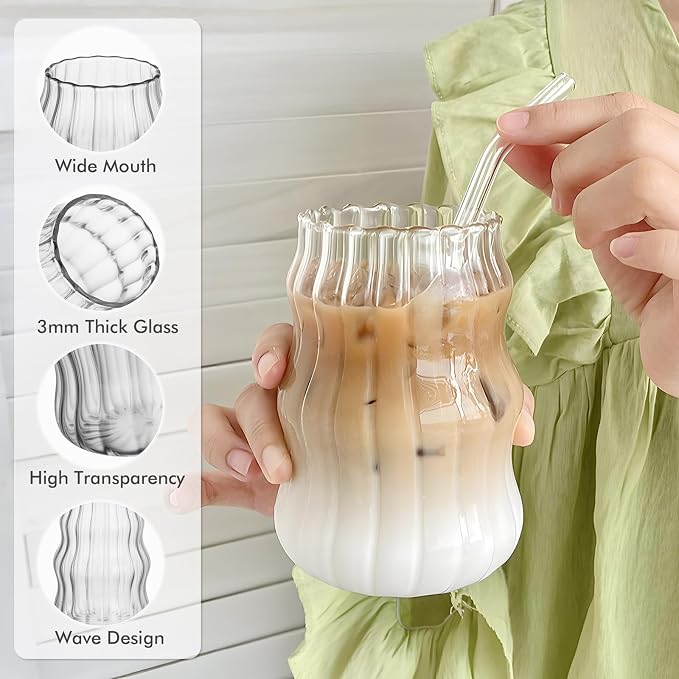 Ribbed Glass Cups Set of 4: 18OZ Vintage Aesthetic Iced Coffee Glasses - Image 4