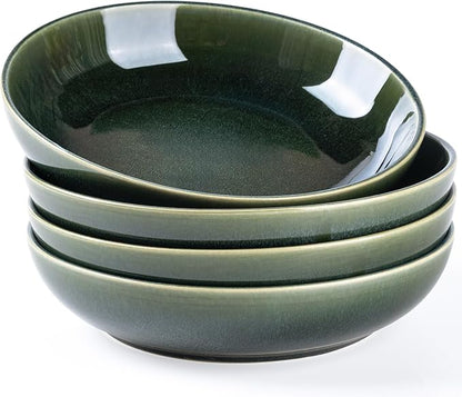 AmorArc 8.5'' Large Ceramic Pasta Bowls, 36oz Stoneware Pasta Serving Bowls Set of 4 for Kitchen, Wide Bowls for Pasta,Salad,Oatmeal, Microwave Safe, Reactive Glaze-Earth Green