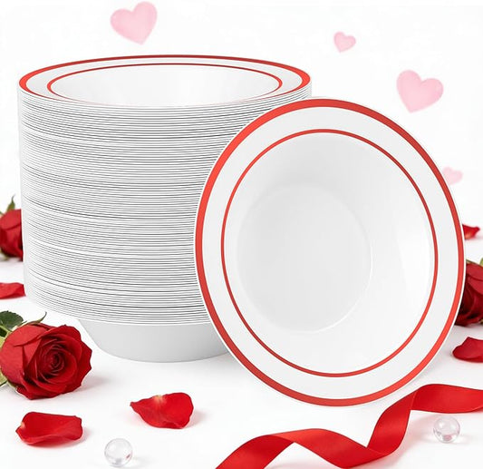 Goodluck 100 Pack Plastic Bowls with Red Rim, 12oz Disposable Soup Bowls, Heavy Duty Dessert Bowls for Weddings, Parties, Valentine's Day Dinners, Catering, Thanksgiving and Everyday Use
