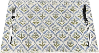 Block Print Floral Placemats 12x18 Inches Set of 4, Boho Blue Flower Decorative Modern Rectangle Table Mats for Party, Home Kitchen,Dining Table Decoration
