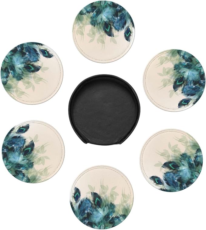 6 Pcs Peacock Feather Turquoise Bird Leather Coasters - Image 7