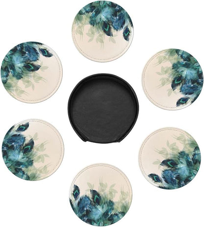 6 Pcs Peacock Feather Turquoise Bird Leather Coasters - Image 7
